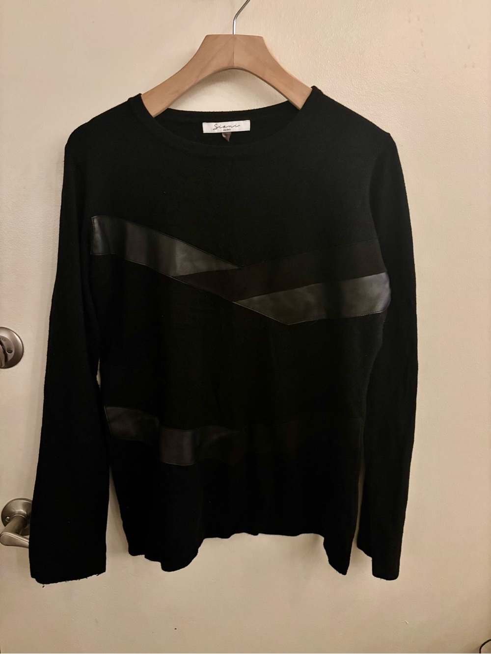Vintage Viscose Crewneck Sweater with Leather-Trim Detail